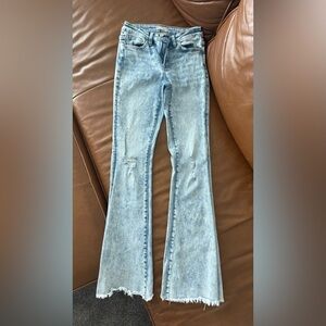 Altar'd State Blue Flare Wide Leg Jeans with Vintage Distressing